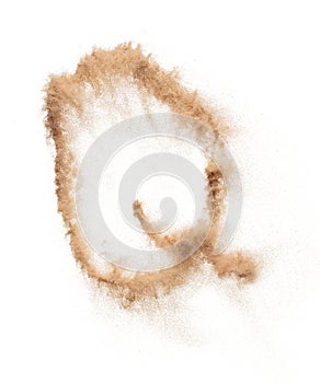 Q English alphabet made of Sand explosion with Q English alphabet scattered, space for text. Concept of Flying sand particle
