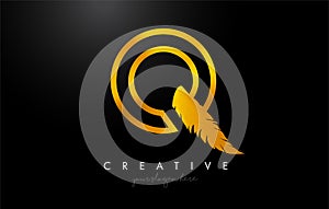 Q Golden Gold Feather Letter Logo Icon Design With Feather Feathers Creative Look Vector Illustration