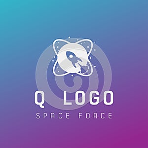 q initial space force logo design galaxy rocket vector in gradient background