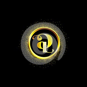 Q letter golden icon in middle of golden sparking ring. Q logo sign with empty center. Golden sparkling ring with dust glitter