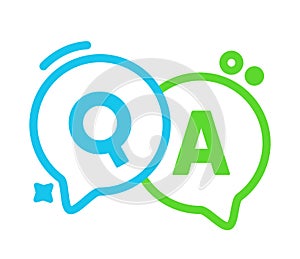 Q and A Linear Speech Bubbles, Green and Blue Outline Balloons, Question and Answer Concept. Uppercase Letters, FAQ,