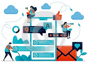 Q&a or question and answer to users to get feedback. Mobile survey apps to improve service. Fill out essay and questionnaire. Flat