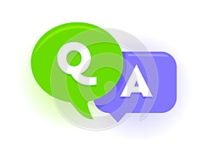 Q and A Speech Bubbles, Green and Violet Balloons Question and Answer Concept. Uppercase Letters, FAQ, Chat Symbols