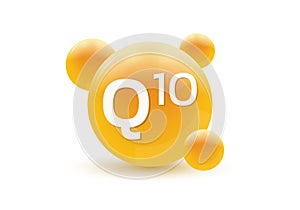 Q10 coenzyme, vitamin 3d icon. Circle drop, capsule or pill isolated on white background. Molecule bubbles design.