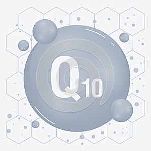 Q10 shining pill capcule icon. Vitamin complex with chemical formula, coenzyme Q 10, ubiquinone. Meds for heath, beauty