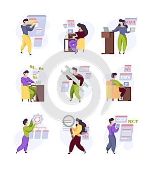 Qa. Website quality bugs testing and fixing software prototype garish vector pictures set