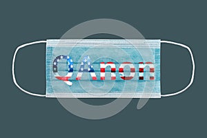 Qanon deep state conspiracy text on Medical surgical mask American flag