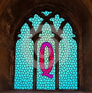 QAnon illustration, stain glass window, the church of Q concept photo