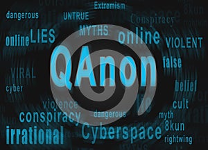 QAnon word cloud text describing the rightwing extremist conspiracy theory photo