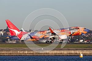 Qantas Boeing 737-800 `Yananyi Dreaming` with its distinctive aboriginal artwork.