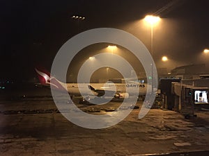 Qantas A330 jet at the gate for an early morning departure