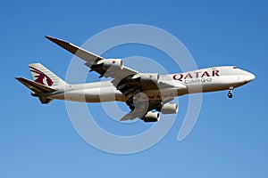 Qatar Airways Cargo Boeing 747-8 Jumbo Jet A7-BGA cargo plane arrival and landing at Luxembourg Findel airport