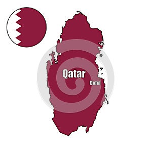Qatar country purple flag vector map on isolated white background and pin for travel, middle east, and geography concepts.