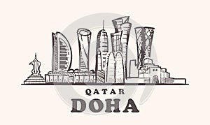 Qatar,Doha skyline hand drawn sketch vector illustration. photo