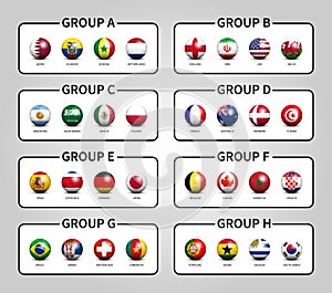 Qatar fifa world cup soccer tournament 2022 . Group stages . Football with country flag pattern . Vector
