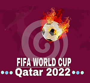Qatar 2022 Fifa World Cup with white Football ball flying in flames. International football organization in Qatar.