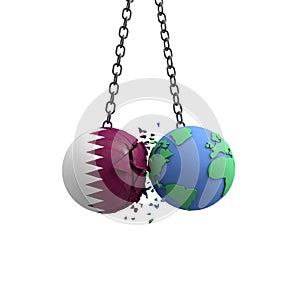 Qatar flag ball hits planet earth. Environmental impact concept. 3D Render