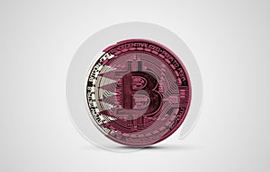 Qatar flag on a bitcoin cryptocurrency coin. 3D Rendering