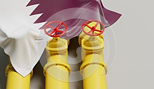 Qatar flag covering an oil and gas fuel pipe line. Oil industry concept. 3D Rendering