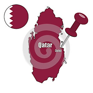 Qatar flag purple vector map on isolated white background and pin for travel,  middle east, and geography concepts.