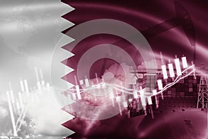 Qatar flag, stock market, exchange economy and Trade, oil production, container ship in export and import business and logistics