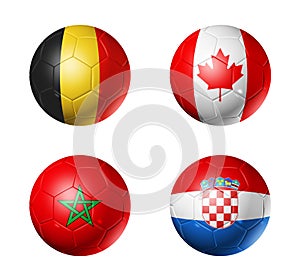 Qatar football 2022 group F flags on soccer balls. 3D illustration isolated on white background