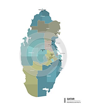 Qatar higt detailed map with subdivisions. Administrative map of Qatar with districts and cities name, colored by states and