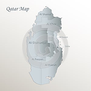 Qatar map, administrative division with names, white blue card paper 3D