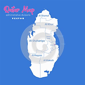 Qatar map, administrative divisions whit names regions, blue background