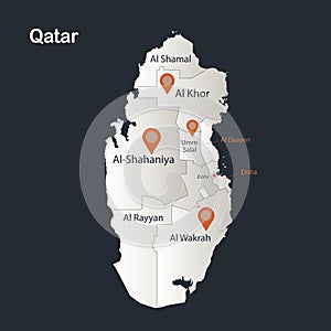 Qatar map, Infographics flat design colors snow white, with names of individual regions