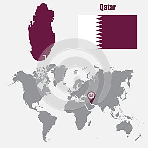 Qatar map on a world map with flag and map pointer. Vector illustration photo