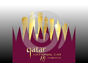 Qatar national day celebration 18 december, qatar gold silhouette building and waving flag, vector illustration photo