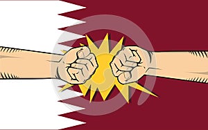 Qatar protest with hand fist clash fight with qatar flag as background