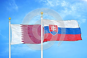 Qatar and Slovakia two flags on flagpoles and blue cloudy sky