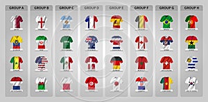 Qatar soccer fifa world cup tournament 2022 . 32 teams group stages with jersey and waving country flag pattern . Vector photo