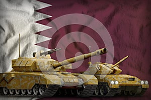 Qatar tank forces concept on the national flag background. 3d Illustration