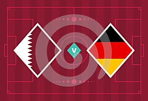 Qatar vs Germany match. Playoff Football championship match versus teams on football field. Intro sport background, championship