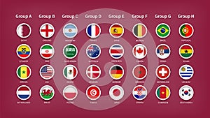 Qatar world cup tournament 2022 . 32 teams Final draw groups with country flag . Vector