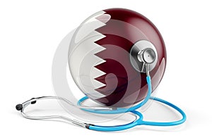Qatari flag with stethoscope. Health care in Qatar concept, 3D rendering