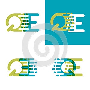 QE letters logo with accent speed in blue and light green photo