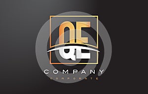 QE Q E Golden Letter Logo Design with Gold Square and Swoosh. photo
