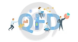 QFD, Quality Function Deployment. Concept with keyword, people and icons. Flat vector illustration. Isolated on white.