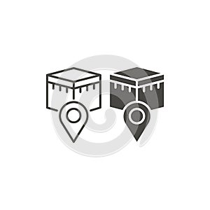 Qibla, kabah pin location, islamic concept. Vector outline icon template