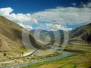 Qinghai-Tibet railway in mountains photo