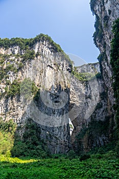 Qinglong Bridge, a remarkable natural wonder among the Three Natural Bridges, graces Wulong Karst National Geology Park in