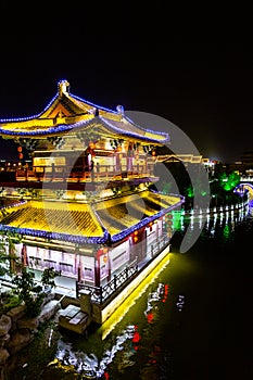 Qingming riverside in Kaifeng, known as â€œShui Xiâ€, is beautifully lighted a night