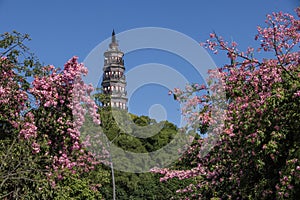 The Qingyun Tower is surrounded by flowers