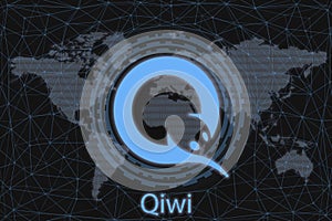 Qiwi Abstract Cryptocurrency. With a dark background and a world map. Graphic concept for your design