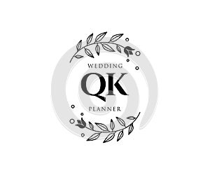 QK Initials letter Wedding monogram logos collection, hand drawn modern minimalistic and floral templates for Invitation cards,