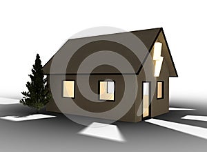 Qlowing cardboard house with flash symbol. Isolated on white background.